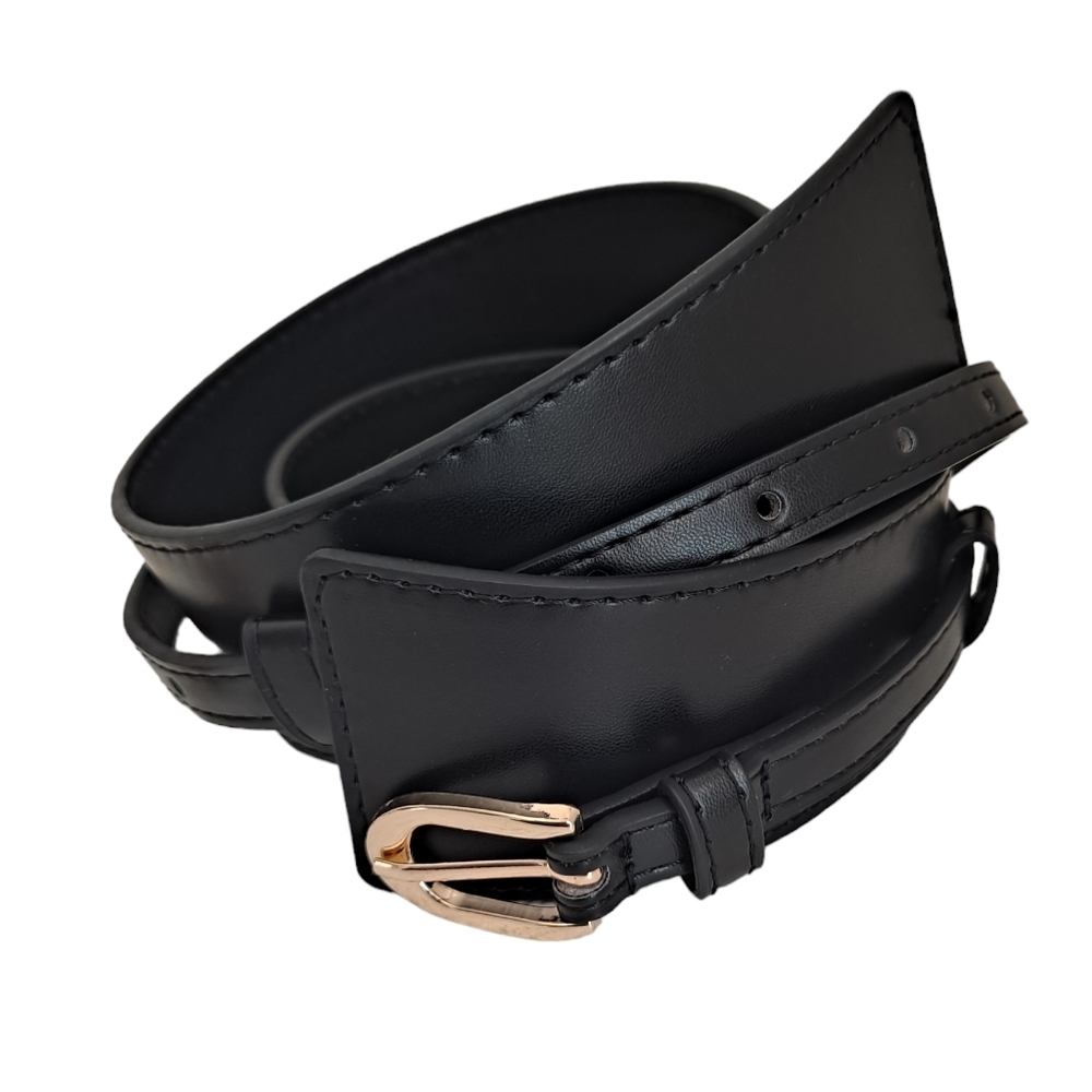 Skinny thick Black faux leather utility corset gold buckle dress wide waist belt - Picture 7 of 7